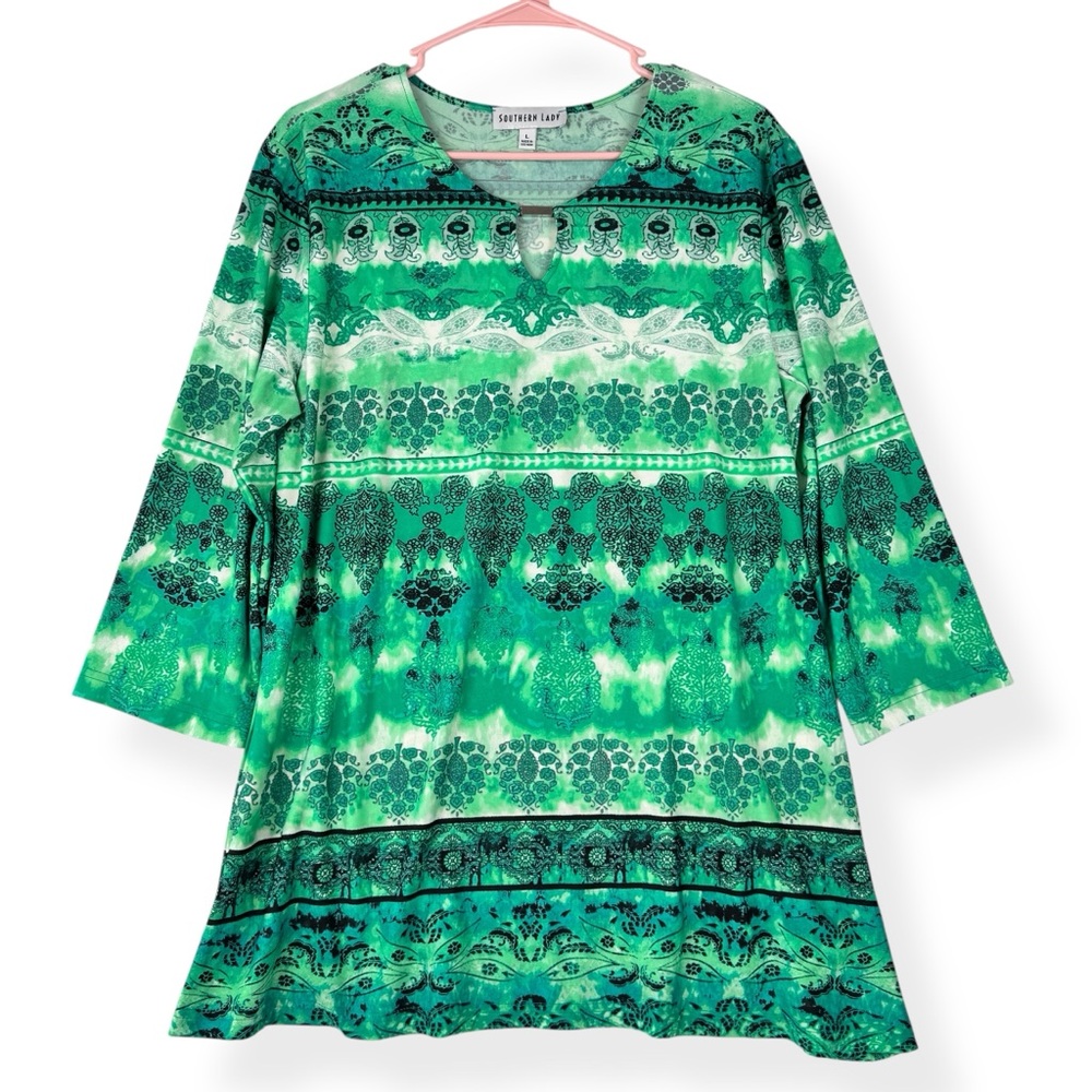 Southern Lady Tunic Top Womens L Large Green 3/4 Sleeves Stretch Keyhole Neck
